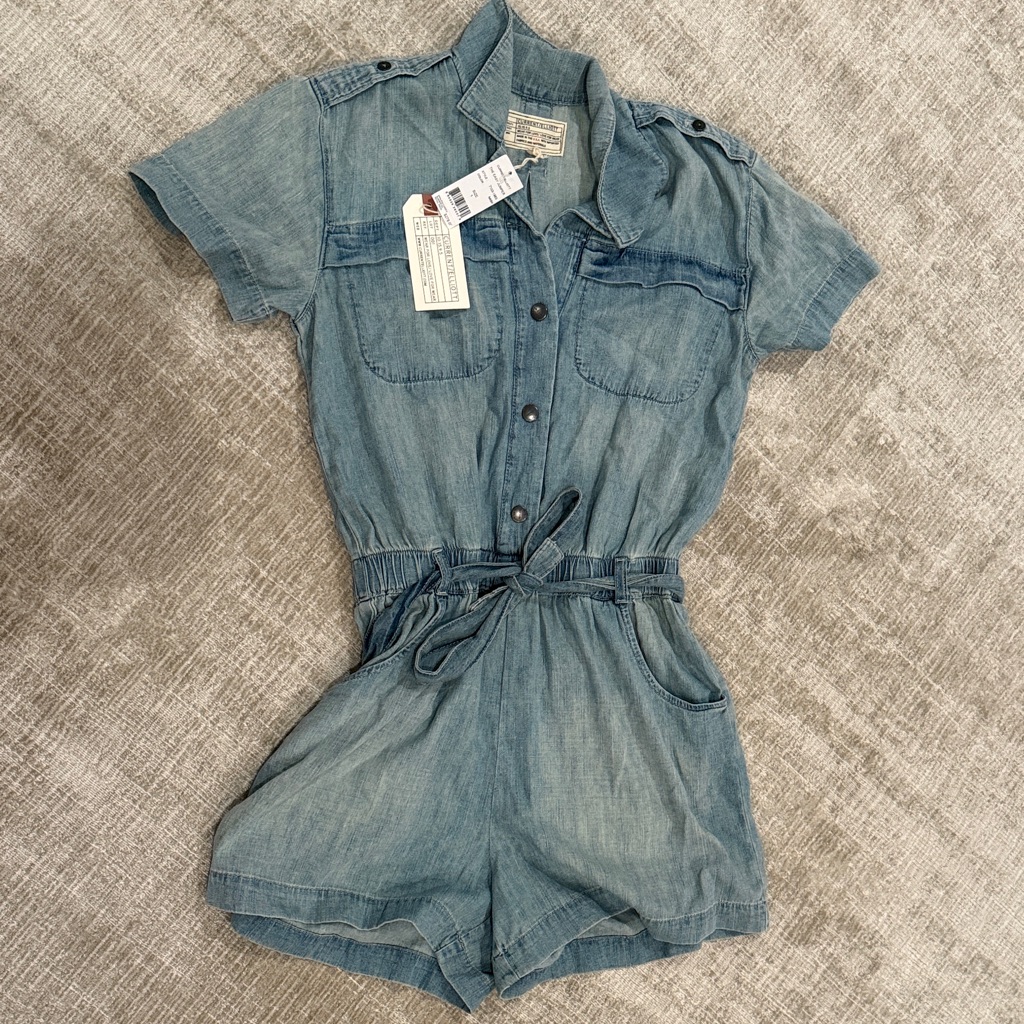 Current/Elliott Light Blue Denim Short Sleeve Tie-Waist Romper